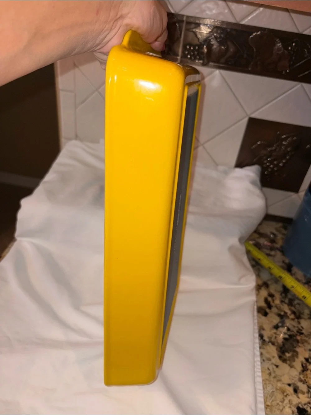 vintage 1970’s Copco Michael Lax, yellow enamel cast iron casserole pan MCM
